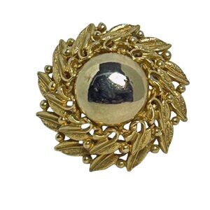 Vintage Gold Tone Domed Floral Brooch W/Intricate Textured Leaf Design (5742)